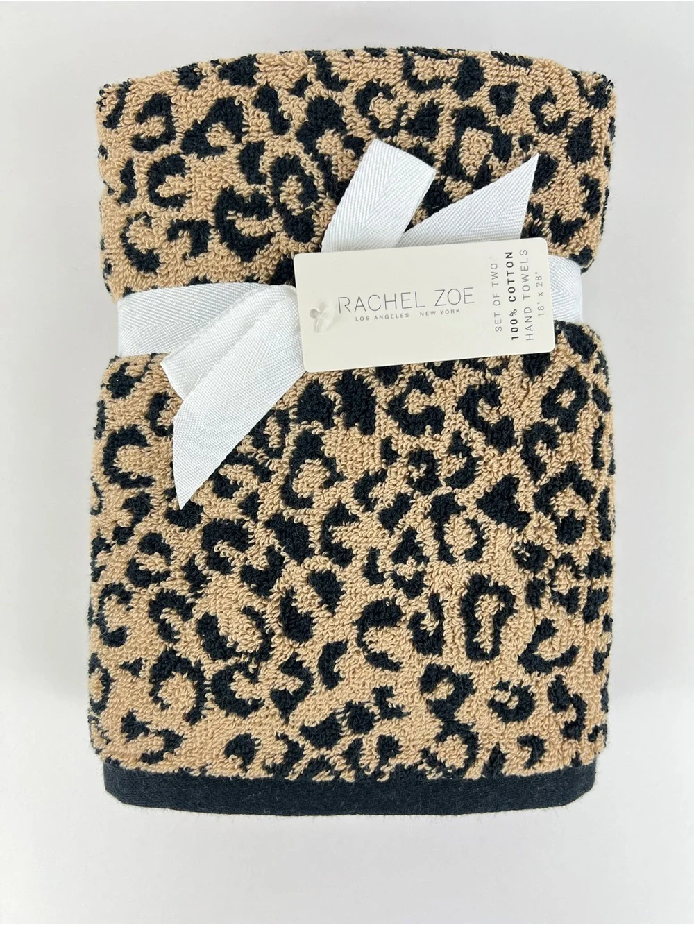 Rachel Zoe Leopard Print Hand Towel - Black and Tan 100% Cotton 2 Pc NEW